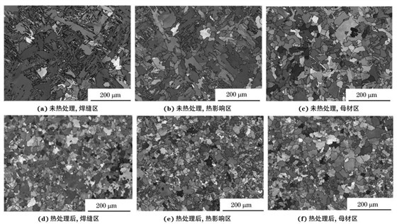 圖2 熱處理前后焊接接頭焊縫區、熱影響區和母材區的取向成像圖 圖2 熱處理前后焊接接頭焊縫區、熱影響區和母材區的取向成像圖