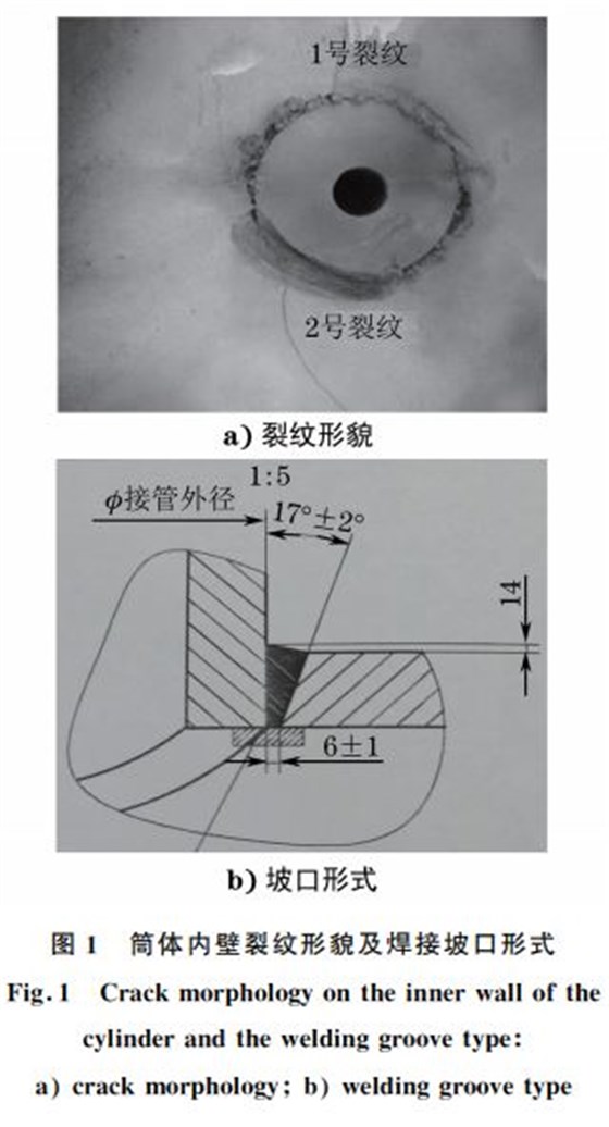 圖1 筒體內(nèi)壁裂紋形貌及焊接坡口形式 圖1 筒體內(nèi)壁裂紋形貌及焊接坡口形式