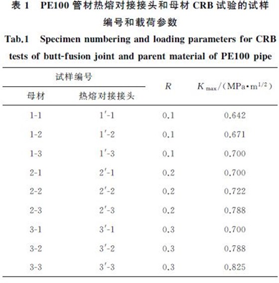 表1 PE100管材熱熔對接接頭和母材CRB試驗的試樣 表1 PE100管材熱熔對接接頭和母材CRB試驗的試樣