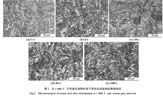 圖2 在1000 ℃、不同道次間隔時間下變形后試驗鋼的顯微組織 圖2 在1000 ℃、不同道次間隔時間下變形后試驗鋼的顯微組織