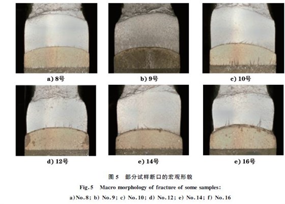 圖5 部分試樣斷口的宏觀形貌 圖5 部分試樣斷口的宏觀形貌