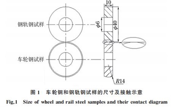 圖1 車輪鋼和鋼軌鋼試樣的尺寸及接觸示意 圖1 車輪鋼和鋼軌鋼試樣的尺寸及接觸示意