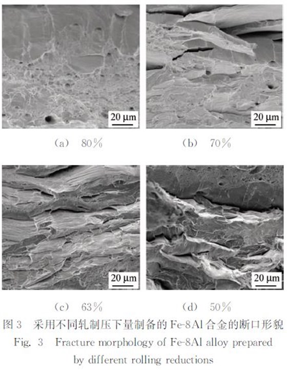 圖3 采用不同軋制壓下量制備的Fe8Al合金的斷口形貌 圖3 采用不同軋制壓下量制備的Fe8Al合金的斷口形貌