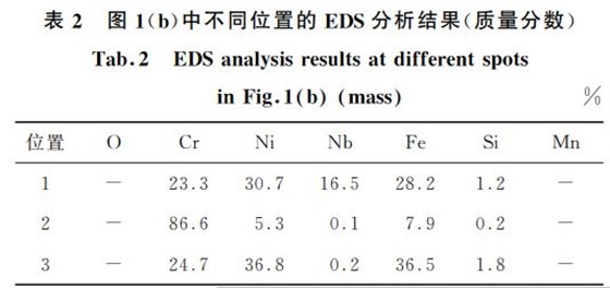 表2 圖1(b)中不同位置的 EDS分析結果(質量分數) 表2 圖1(b)中不同位置的 EDS分析結果(質量分數)