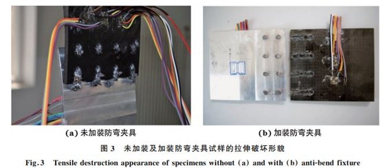 圖3 未加裝及加裝防彎夾具試樣的拉伸破壞形貌 圖3 未加裝及加裝防彎夾具試樣的拉伸破壞形貌