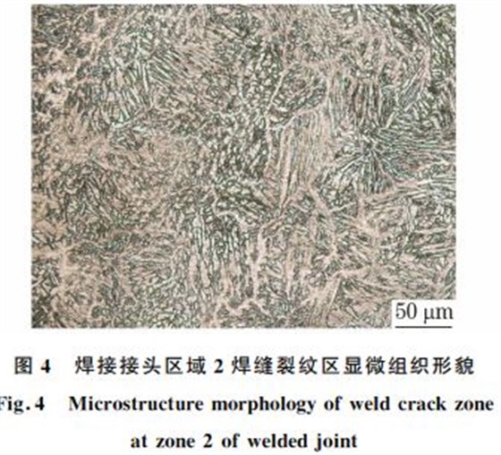 圖4 焊接接頭區域2焊縫裂紋區顯微組織形貌