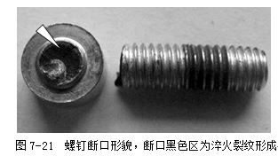 螺釘斷口形貌,斷口黑色區為淬火裂紋形成 螺釘斷口形貌,斷口黑色區為淬火裂紋形成