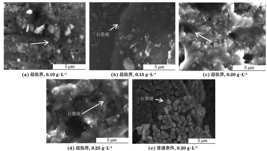 圖2 兩種條件不同 GO質(zhì)量濃度下制備復(fù)合電鑄層的SEM 形貌 圖2 兩種條件不同 GO質(zhì)量濃度下制備復(fù)合電鑄層的SEM 形貌