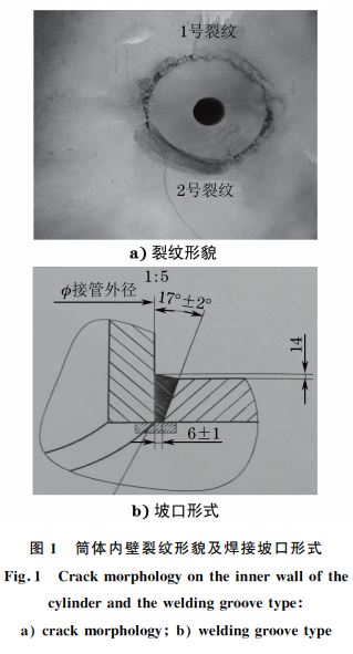 圖1 筒體內(nèi)壁裂紋形貌及焊接坡口形式 圖1 筒體內(nèi)壁裂紋形貌及焊接坡口形式