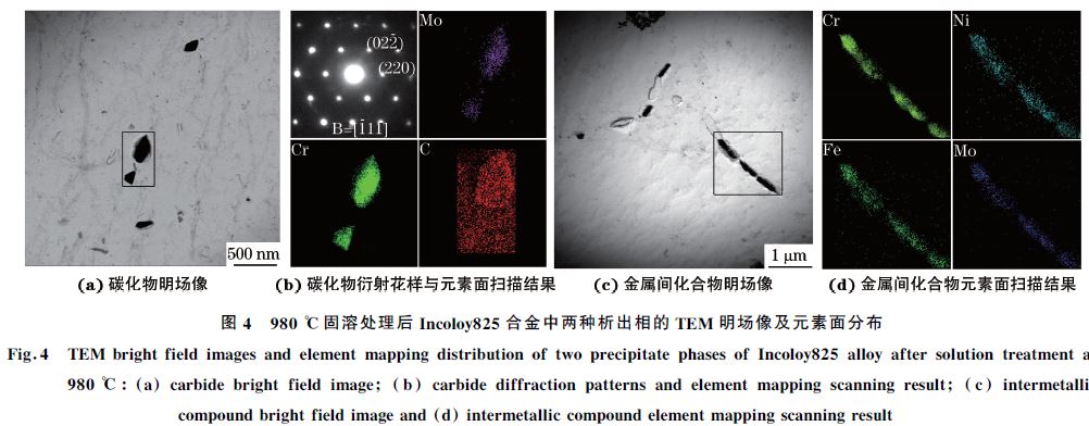 圖4 980 ℃固溶處理后Incoloy825合金中兩種析出相的TEM 明場像及元素面分布 圖4 980 ℃固溶處理后Incoloy825合金中兩種析出相的TEM 明場像及元素面分布