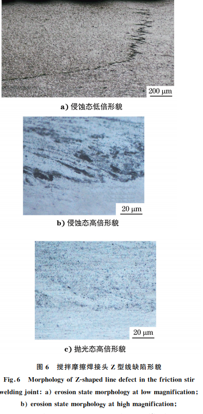 圖6 攪拌摩擦焊接頭 Z型線缺陷形貌 圖6 攪拌摩擦焊接頭 Z型線缺陷形貌