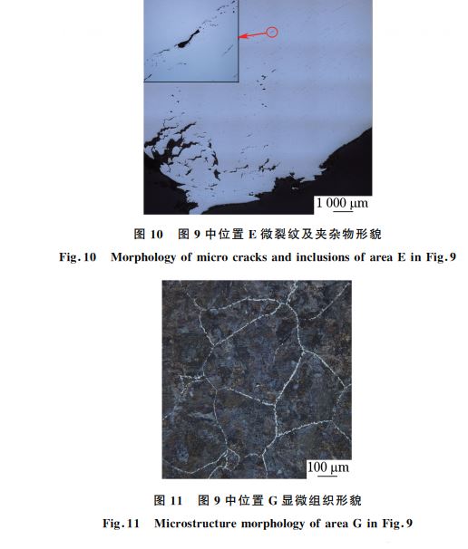 圖10 圖9中位置 E微裂紋及夾雜物形貌 圖10 圖9中位置 E微裂紋及夾雜物形貌