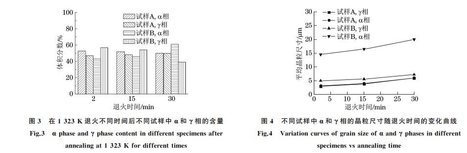 不同試樣中α和γ相的晶粒尺寸隨退火時間的變化曲線 不同試樣中α和γ相的晶粒尺寸隨退火時間的變化曲線