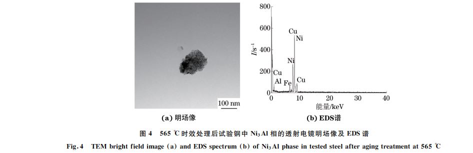 圖4 565 ℃時效處理后試驗鋼中 Ni3Al相的透射電鏡明場像及 EDS譜 圖4 565 ℃時效處理后試驗鋼中 Ni3Al相的透射電鏡明場像及 EDS譜