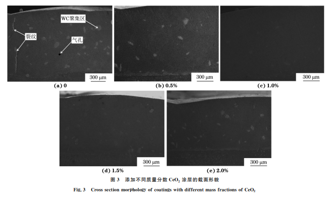 CeO2 加入含量對激光熔覆 WC增強鎳基合金涂層 組織與性能的影響3 CeO2 加入含量對激光熔覆 WC增強鎳基合金涂層 組織與性能的影響3